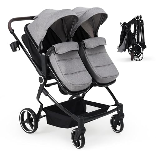 Geschwisterwagen Duo, Zwillingskinderwagen Ab Geburt Bis 3 Jahre, Zusammenklappbarer Zwillingsbuggy Mit Liegefunktion Bis Je 15+15 kg Kleinkind, Leichtes Aluminium, Verstellbarer Geschwisterwagen