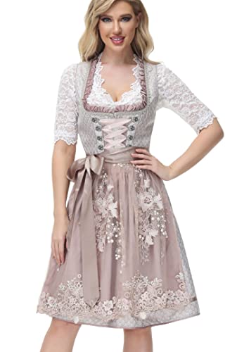 TrendiMax Trachten Damen Dirndl Midi Dirndlkleid Tachtenkleid für Oktoberfest mit Spitzenschürze, Altrosa,36