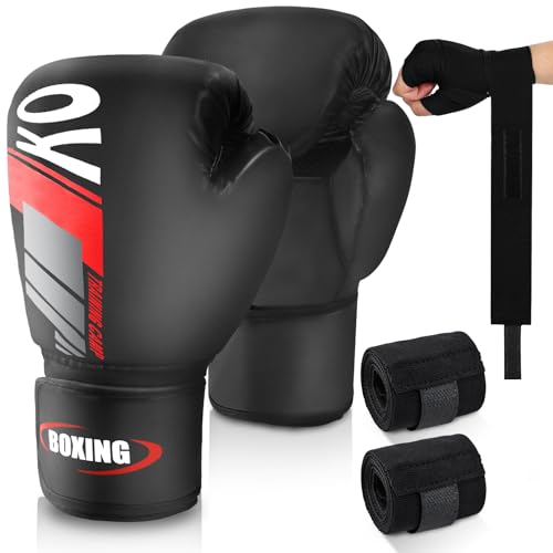 JUOIFIP Boxhandschuhe mit Boxbandagen, Männer und Damen Boxhandschuhe zum Boxsack Sparring Training, MMA Kampfsport, Muay Thai, Kickboxen & Kampfsport 14oz
