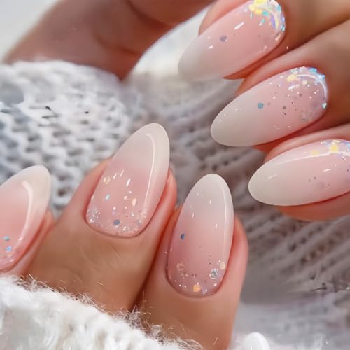 24 Stück Falsche Nägel Rosa Weiß Fingernägel zum aufkleben, Medium Oval Fake Nails mit Nagelagelkleber - Vollständige Abdeckung Flash Nageldesign, DIY Nägel für Frauen mit künstlichen Nägeln.