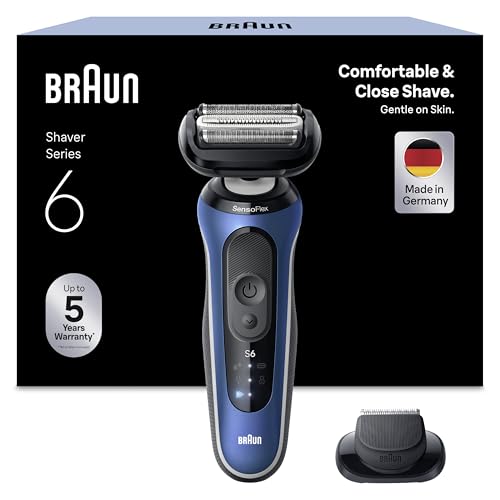 Braun Series 6 Elektrorasierer Herren, Rasierapparat mit 60 Min. Akkulaufzeit, Präzisionstrimmer-Aufsatz, Kabelloser Nass- und Trockenrasierer für Männer, Made in Germany, Wasserdicht, 62-B1200s, Blau