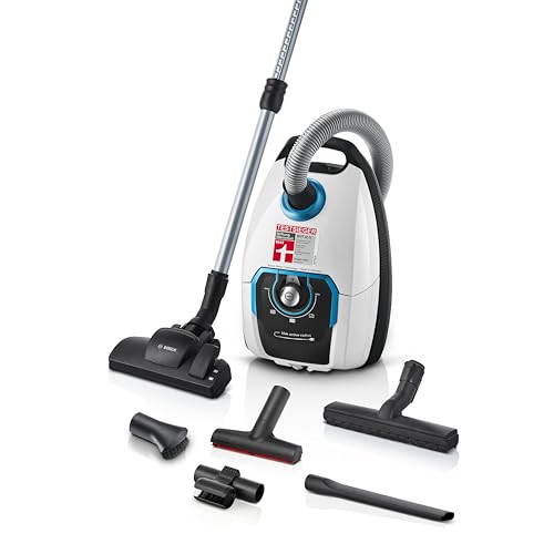 Bosch Staubsauger mit Beutel ProSilence Serie 8 BGB75XSIL, Bodenstaubsauger, ideal für Allergiker, Hygiene-Filter, 10 Jahre Motorgarantie, Hartbodendüse, langes Kabel, Made in Germany, 650 W, weiß