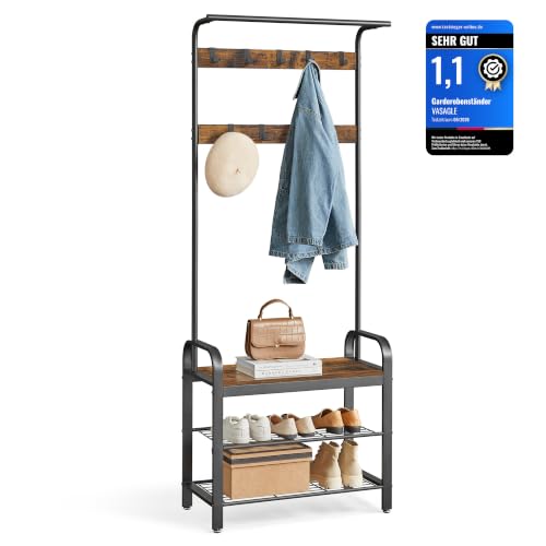 VASAGLE Garderobenständer, Garderobe, mit Schuhbank, 4-in-1 Design, 9 abnehmbare Haken, Kleiderstange, Eingangsbereich, Flur, 33,7 x 77 x 183 cm, Industrie-Design, vintagebraun-schwarz HSR40B