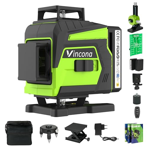 Vincona Kreuzlinienlaser Grün, Laser Wasserwaage 4 x 360 °, Nivellierlaser Selbstnivellierenden 16 Linien, Linienlaser kreuzlaser Baulaser mit 2 x Batterie für Innen- und Außenbereich Baustelle