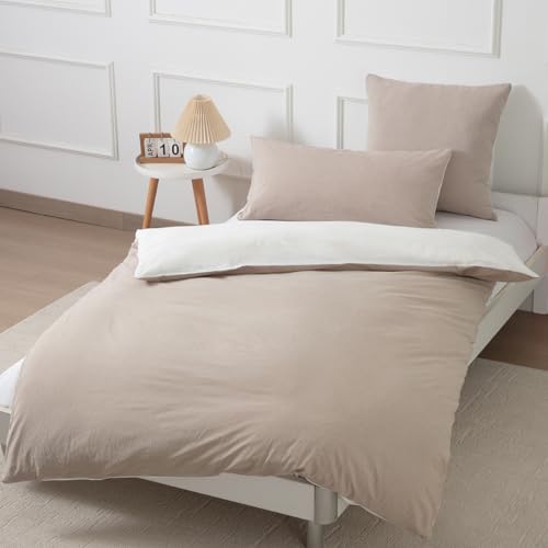 Nesture Bettwäsche 135x200 Baumwolle Beige/Weiß - Bettwäsche-Sets 2teilig Weich, 100% Gewaschene Baumwoll, Enthält 1 Bettbezug 135 x 200cm und 1 Kissenbezug 80x80 mit Reißverschluss