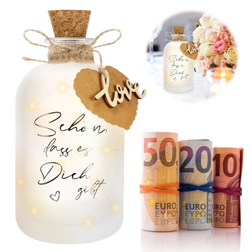 Farerkass LED Flaschenlicht mit Spruch, Beleuchtete Dekoflasche mit Korken, Beleuchtete Flasche - Schön DASS es Dich gibt, Leuchtflasche schrubben Geburtstag Geschenk Geldgeschenke Weihnachten