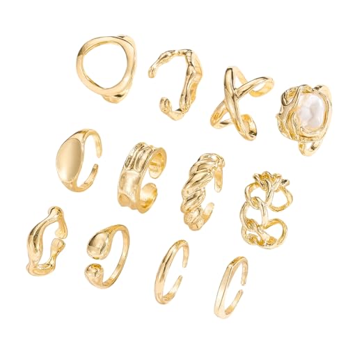 12 Stück Gold Chunky Ringe für Frauen, Dicke Gold Stapelringe Set für Frauen, Offene Verstellbarer Ring, Geeignet für Frau und Mädchen, Geburtstagsgeschenke