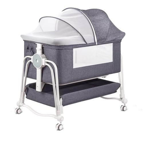 suihuooo 4 in 1 Beistellbett Baby am Bettrand Schlafcouch, Schaukelbett mit abschließbaren Rädern, Aufbewahrung, Moskitonetz und Matratze enthalten, 7 Ebene verstellbar am Bettrand Bassinet(Grau)