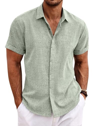 COOFANDY Herren Leinenhemd Sommer Kurzarmhemden Einfarbig Leinen Shirts Strand Bügelfrei Freizeithemd Hellgrün L