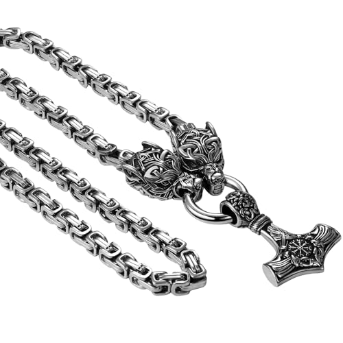 Flongo Thors Hammer Halskette für Herren: Silber Wikinger Wolfskopf Schwere Punky Königskette Edelstahl Byzantinische Kette Skandinavisches Piraten Amulett Pagan Geschenke für Männer Vater Ehemann