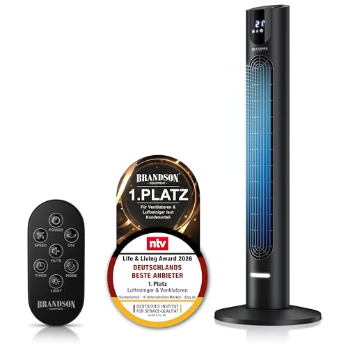 Brandson - DC Turmventilator - ECO DC Motor – sehr leise - Sieger Life & Living Award 2026-8 Geschwindigkeitsstufen – Sleep Modus - Osz – 4 Modi – Display Dimmen – energiesparend - Fernbedienung