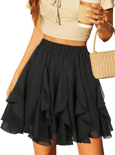 PUKAVT Damen Sommer Minirock Chiffon hoher Taille kurzer Rock Schwarz XXL