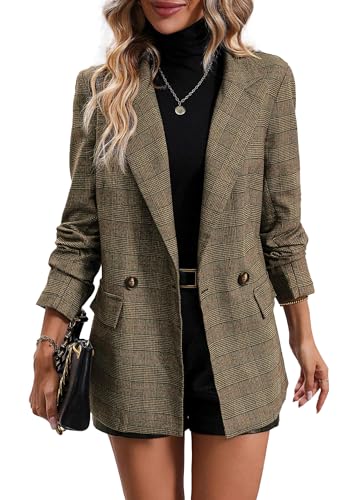 Mina Self 2025 Herbst Damen Plaid Hahnentritt Blazer Jacke - Voll Gefüttert Business Casual Elegant Arbeitsanzug mit Taschen, Plaid-Khaki, L
