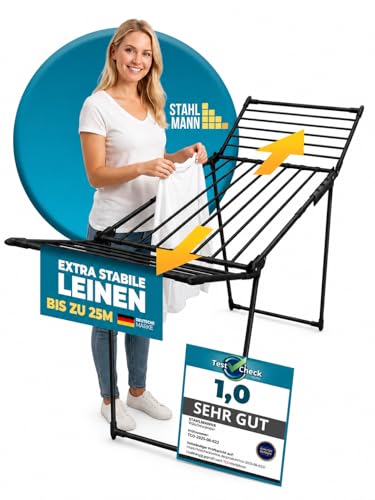 STAHLMANN ® Wäscheständer ausziehbar mit Flügel [25M Trockenfläche ] - WäscheständerXXL [Made IN EU] - Wäscheständerschwarz mit Klemmen für kleine Wäschestücke