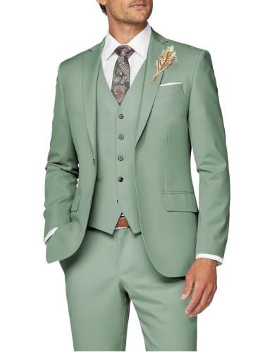 Wangyue Herrenanzug, 3-teilig, schmale Passform, Anzug für Herren, formeller Business-Anzug, Hochzeit, Bräutigam, Abschlussball, Smoking, Dinner-Party, Salbeigrün, L