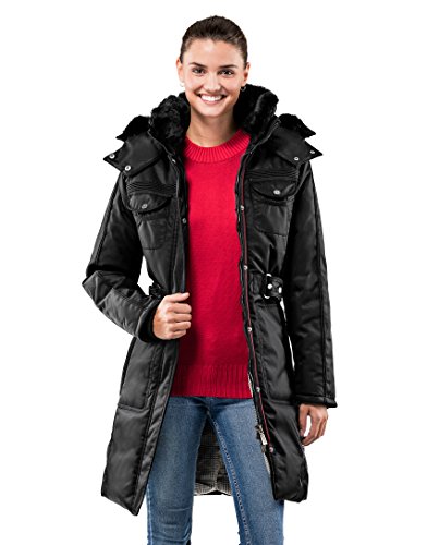 Vincenzo Boretti Damen Winter-Jacke dick warm gefüttert Parka kuschelig sportlich elegant Winter-Mantel knie-lang für Outdoor Business Steh-Kragen Kapuze Kunstfell herausnehmbar schwarz S