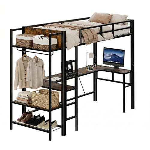 EGGREE Hochbett 90x200 Jugendbett mit Treppe und Rausfallschutz Bunk Bed mit LED Beleuchtung und Ladestation, Etagenbett mit Garderobenständer Schuhregal Ablagen,platzsparendes Jugendbett, Industrial