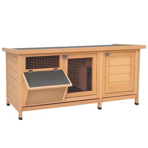 PawHut Hasenstall Winterfest Kaninchenstall aus Holz 112x50x54 cm Kaninchenkäfig mit Bitumendach, 2 Türen, Metallgitter, Hasenkäfig für Kaninchen, Meerschweinchen Outdoor Natur+Schwarz