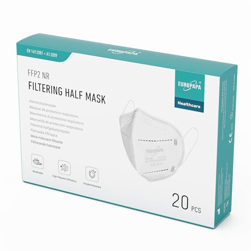 EUROPAPA 20x FFP2 Weiss Masken Atemschutzmaske 5-Lagen Staubschutzmasken hygienisch einzelverpackt Stelle zertifiziert EN149:2001+A1:2009 Mundschutzmaske EU2016/425