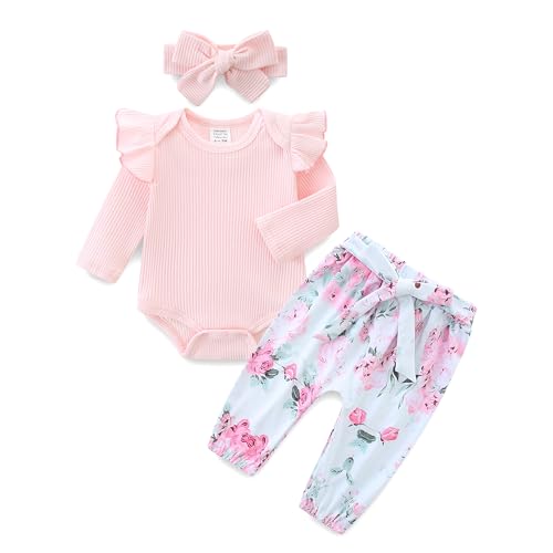 KIDDLETOWN Baby Mädchen Kleidung Langarm Body Strampler + Aufdruck Hose + Stirnband Neugeborene Babykleidung Set Baby Mädchen Kleidung Outfit Babyset 0-3Monate