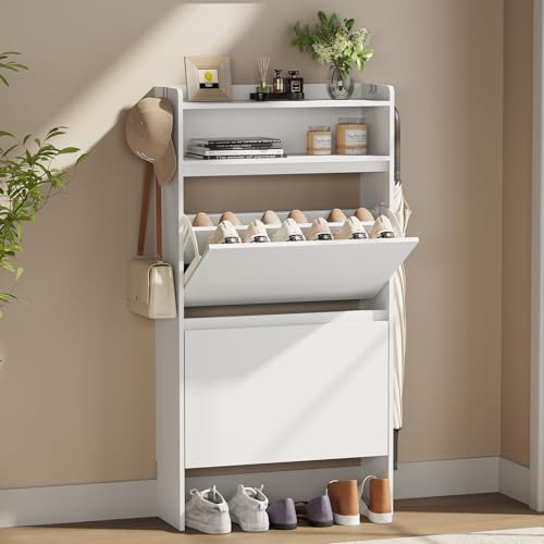 Asgolion Schuhschrank 2 Klappen, Schuhregal, offenes Fach, Schuhkommode Schuhregal mit Trennwände verstellbar und abnehmbar, für 10-15 Paar Schuhe, Flur, 60 x 22 x 115 cm, weiß EU25SC602WV2
