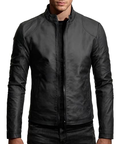 Crone Ivar Herren Lederjacke Cleane Basic Echtleder Jacke (DE/NL/SE/PL, Alphanumerisch, M, Regular, Regular, Matt Schwarz)