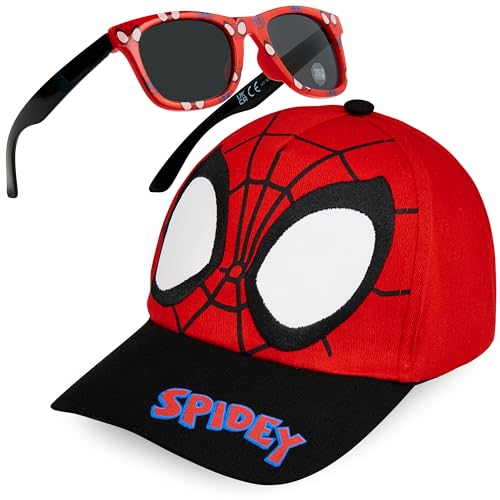 Marvel Spiderman Sonnenbrille Kinder Basecap Jungen Set Verstellbare Coole Sommer Kappe Kinder Sonnenbrillen UV400 Geschenke für Jungs (Schwarz/Rot)