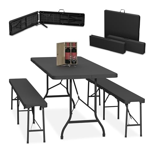 Relaxdays Bierzeltgarnitur klappbar, 3-TLG. Bierbank Set mit großem Tisch, für Garten, Festzeltgarnitur, 180 cm, schwarz