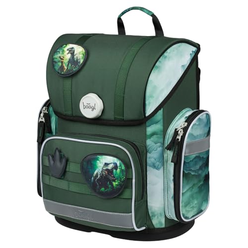 Baagl Schulranzen Jungen für 1. Klasse, Ergo Schultasche Grundschule, Leichter Kinder Ranzen Tornister Schulrucksack mit Brustgurt (Dino)