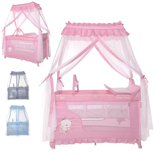 Lorelli 3 in 1 Babybett und Laufstall, Baldachin Betthimmel Magic Sleep mit 2 Ebenen, Kinderbett ab Geburt, Baby Reisebett, Wickelauflage, Rollen, Tasche, rosa