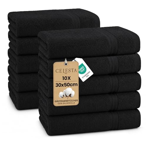 CELESTA Gästehandtuch 10er-Set, 30x50 cm – 100% ringgesponnene Baumwolle, Saugstark & Weich – Oeko-TEX Zertifizierte Handtücher – Schwarz