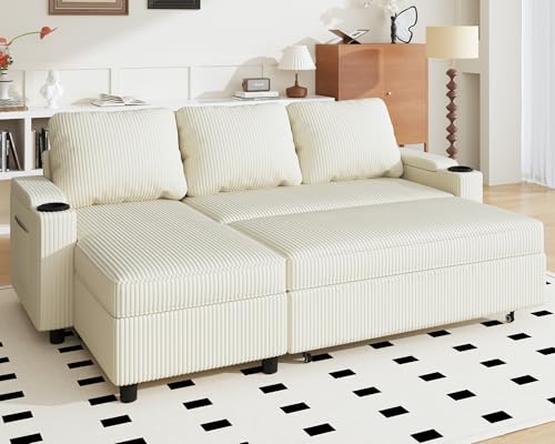 JUMMICO Schlafsofa mit Bettkasten L Form Sofa mit Schlaffunktion 3 Sitzer Couch klein Ecksofa Schlafcouch Ausziehbar Wohnlandschaft für Wohnung und Wohnzimmer Velours Beige