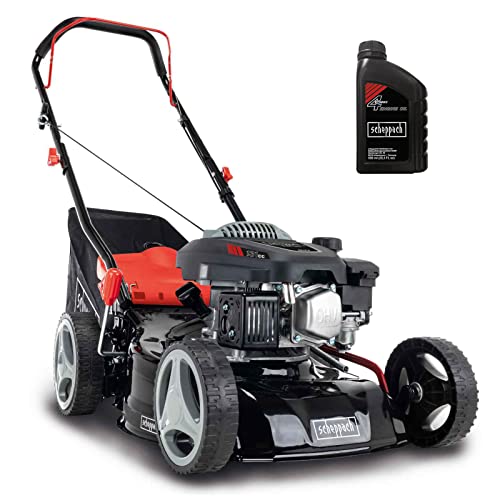 Scheppach Benzin Rasenmäher MP132-42 | Schnittbreite 42cm | 3,3 PS | Stahlgehäuse | Reinigungsfunktion | 45 Liter Fangkorb | Höhenverstellung in 7 Stufen (25-75mm) | inkl. Motoröl