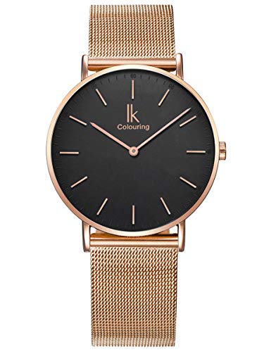 Alienwork Armbanduhr Herren Damen Roségold Metall Mesh Armband Edelstahl Schwarz Ultra-flach