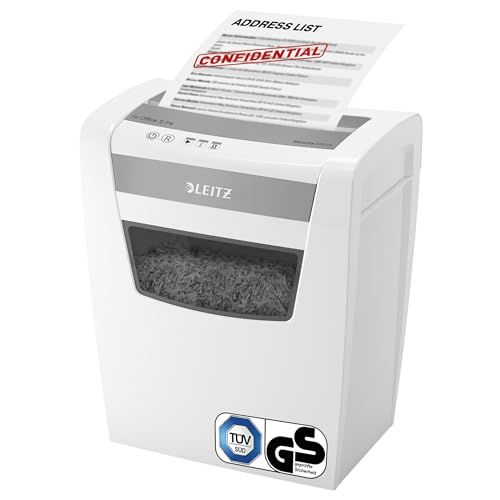Leitz IQ Aktenvernichter Office S, 14-12 Blatt Kapazität (70-80 g/m²), TÜV+GS zertifiziert, Partikelschnitt, Sicherheitsstufe P4, Besonders leise, 23L Behälter, Schredder für Büro, Weiß, 80990000