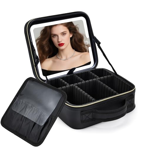 Kosmetikkoffer mit Beleuchtetem Spiegel Schminktasche Make up Tasche Make up Koffer Reise Kosmetiktasche Damen Schminkkoffer Make up Organizer,Schwarz