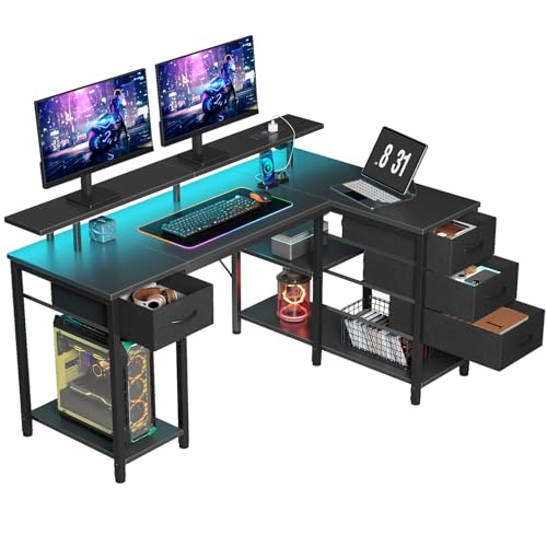 Seventable Computertisch L Form mit 4 Schubladen & Ablageflächen, Gaming Tisch mit LED & Steckdosen, Gaming Schreibtisch mit Monitorständer für Homeoffice, Schlafzimmer, Wohnzimmer (Schwarz, 140 cm)