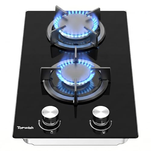TOPWISH Gaskochfeld 2 flammig, gasherd 2 flammig, glas gaskochfeld einbau 30cm, NG/LPG konvertierbar, zündautomatik, thermoelementschutz, 4750W