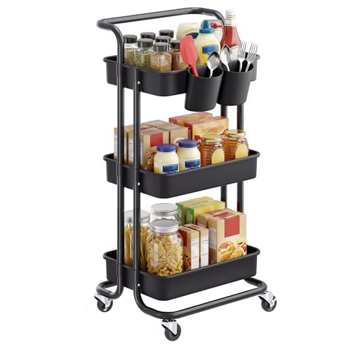 SONGMICS Rollwagen, 3 Ebenen, Servierwagen, Küchenwagen mit Griff, 2 kleine Einhängefächer, 2 Bremsen, Ablagefächer aus Kunststoff, einfacher Aufbau, Schlafzimmer, schwarz BSC067B01