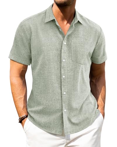 J.VER Leinenhemd Herren Kruzarm Freizeithemd Leichtes Sommerhemd mit Brusttasche für Beach Festlich und Hochzeit,Hellgrün,XL