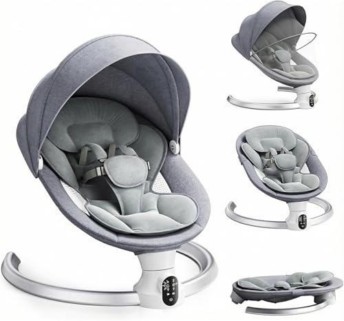 Bluetooth Elektrische Babyschaukel, Upgrade 5-Punkte Geschirr Elektrische Babywippe mit 5 Geschwindigkeiten 3 Timer und 10 Musik, Mobiler APP/Fernbedienung/IMD Panel-Steuerung Babywippen (Hellgrau)