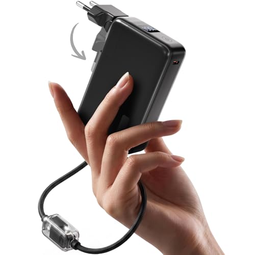 Power Bank 10000mAh, Powerbank für iPhone mit Integriertem Klappbaren EU-Stecker & Robuste USB-C & iOS-Kabel, 22.5W Schnellladung, Kompakt & Flugzeugtauglich – für iPhone 17/Pro Max/16/15/14 & iPad