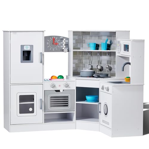 VEVOR Kinderküchen 24-teilig, Eck-Spielküche mit Lichtern & Geräuschen, Kleinkinderküche mit Eismaschine, Backofen, Spüle, Uhr, Mikrowellen, Kühlschrank & Zubehör, für Kleinkinder ab 3 Jahren, weiß