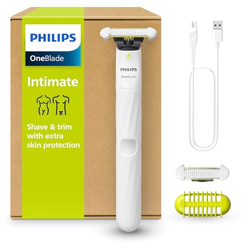 Philips OneBlade Intimate - Elektrischer Intimrasierer und Intimtrimmer für Frauen und Männer, mit extra Hautschutz, 2x SkinProtect Klingen, 1x 3-mm-Trimmaufsatz, QP1924/30, Weiß