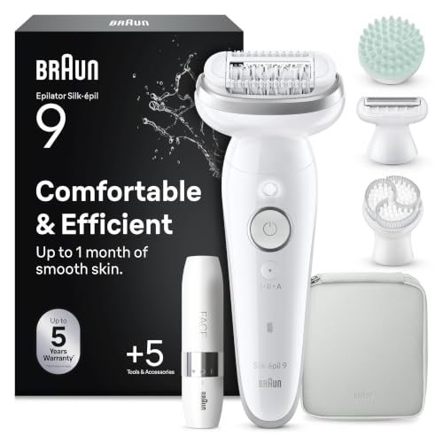 Braun Silk-épil 9 SkinSpa Epilierer Damen, All-in-One Set, Haarentferner für Langanhaltende Haarentfernung, Ladyshaver, Wasserdicht — Inkl. Facespa Gesichtshaarentferner — 9-381, Weiß/Silber