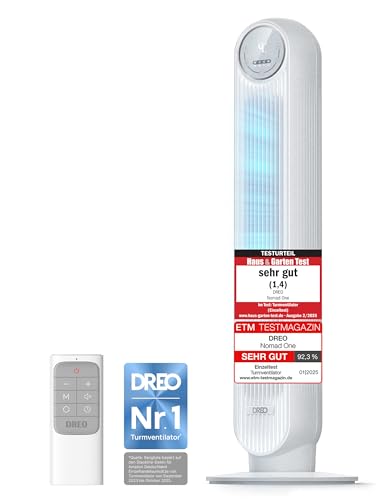 Dreo 20dB Leiser Turmventilator, 10 m Wurfweite 4 Geschwindigstufen 4 Modi 8 Std. Timer 90° oszillierende Ventilator mit Kühlung Fernbedienung für Schlafzimmer, Nomad One, Weiß