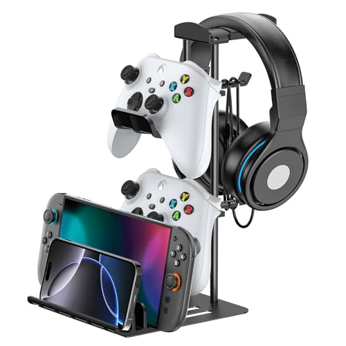 KDD Gaming Headset Ständer, Controller Halter & Kopfhörer Halterung Tisch, Headphone Stand mit Aluminium-Stange, Universaler für Switch iPad Handy (Schwarz)