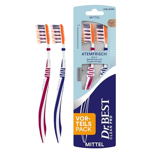 Dr.BEST Atemfrisch Zahnbürste, Mittel, Vorteilspack, mit 2in1 - Zahnbürste und Zungenreiniger. Entfernt gründlich Bakterien von der Zungenoberfläche, für eine effektive Reinigung der Zähne.