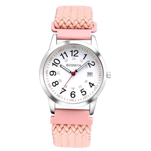 JewelryWe Damenuhr Herrenuhr Geflochten Elastisch: Kalender Analog Quarz Armbanduhr Damen Herren Rosa Gewebt Stretcharmband Senioren Uhr mit Stoffarmband & 12/24 Stunden Großen Zahlen Zifferblatt