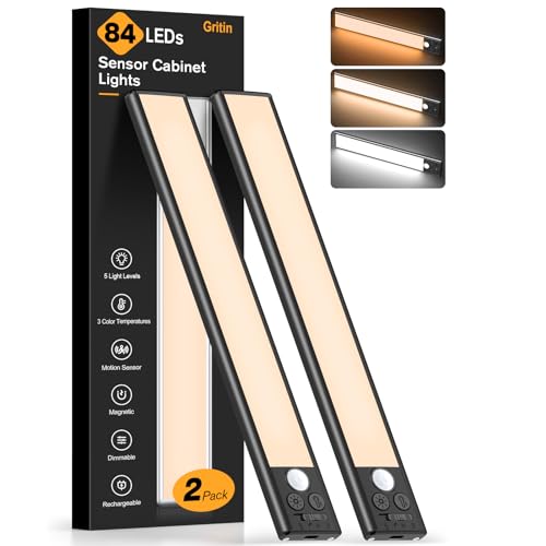 Gritin 26cm Schrankbeleuchtung Unterbauleuchte Küche LED Bewegungsmelder, hell Küche Licht Aufladbar,3 Farbe&5 Helligkeit,4 Modi,Einfach Montage Stark Magnet Schranklicht, 2 Stück-Schwarz